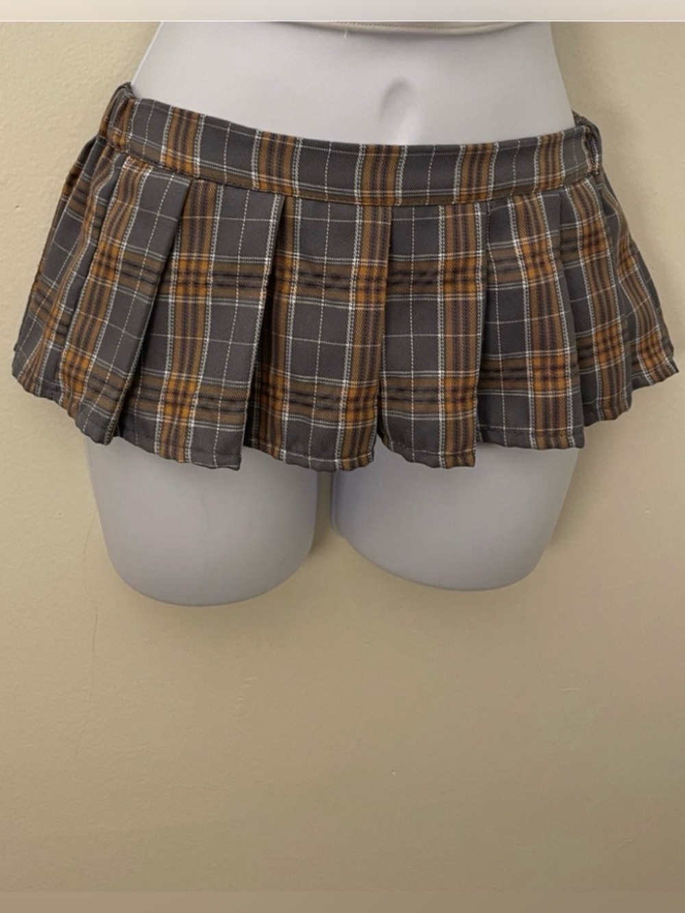 Grey and Mustard Plaid Pleated Mini Skirt